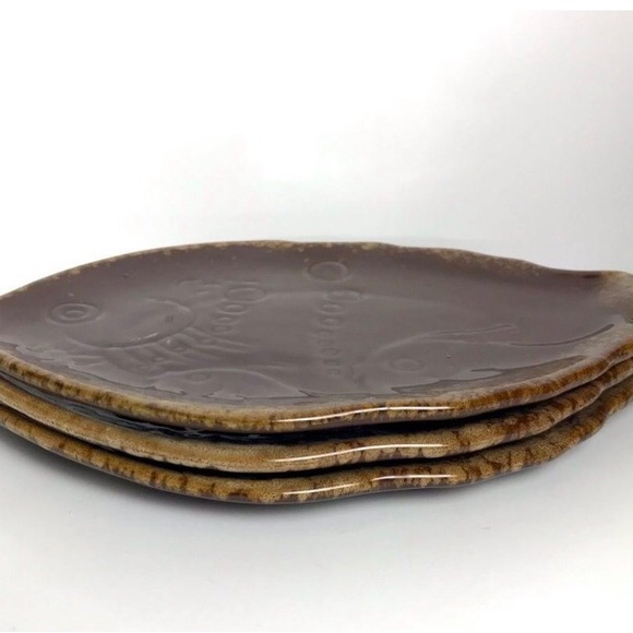 Vintage Ceramic Brown Drip Fish Plates Set of 3 Boho Eclectic - Picture 3 of 6